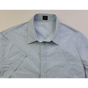 TSE Men's M Baby Blue Check Short Sleeve Button Up Shirt Collar Cuffed Sleeve